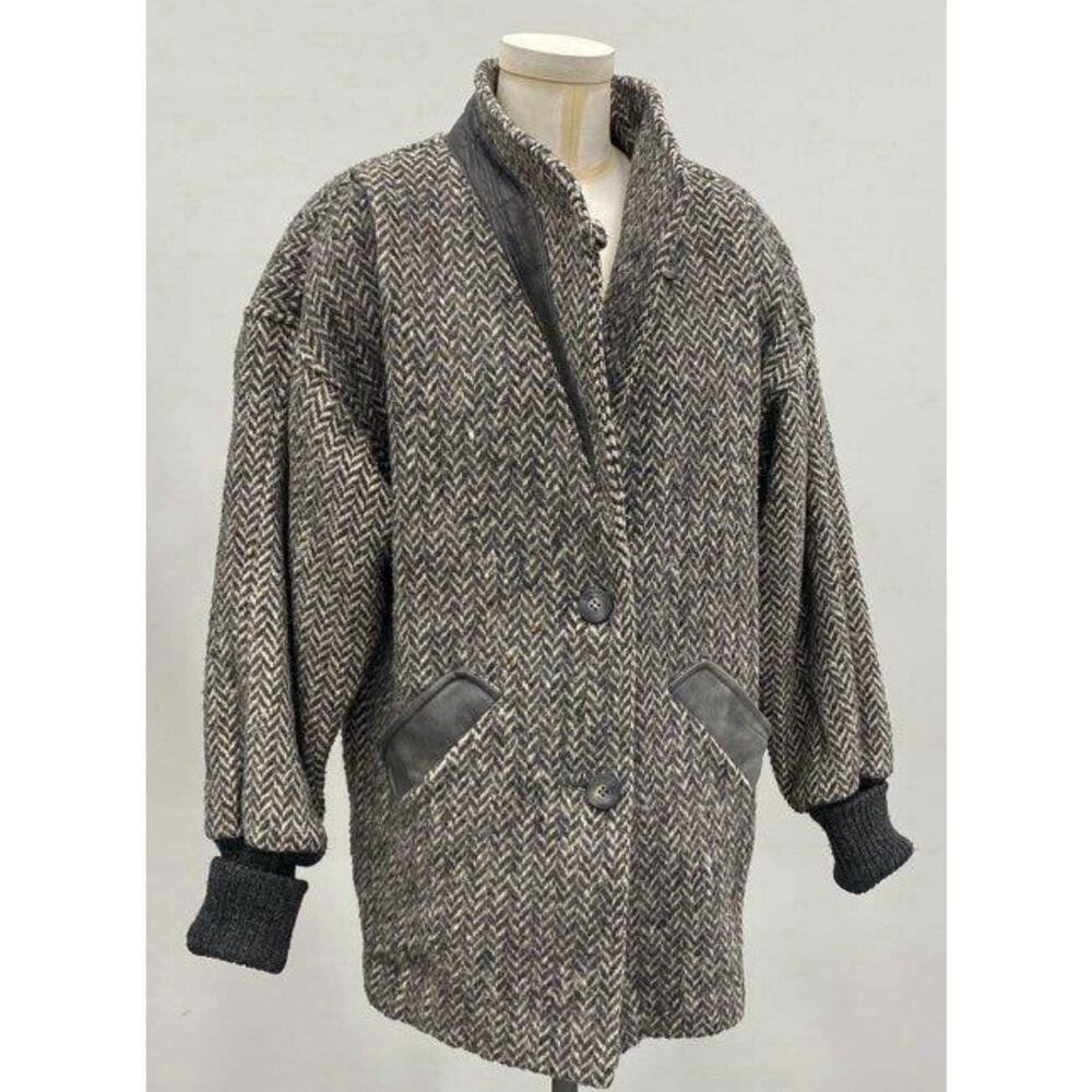 Wool Coat Womens Large Gray Herringbone Tweed Jacket VNT Saril 80s 90s Med 10